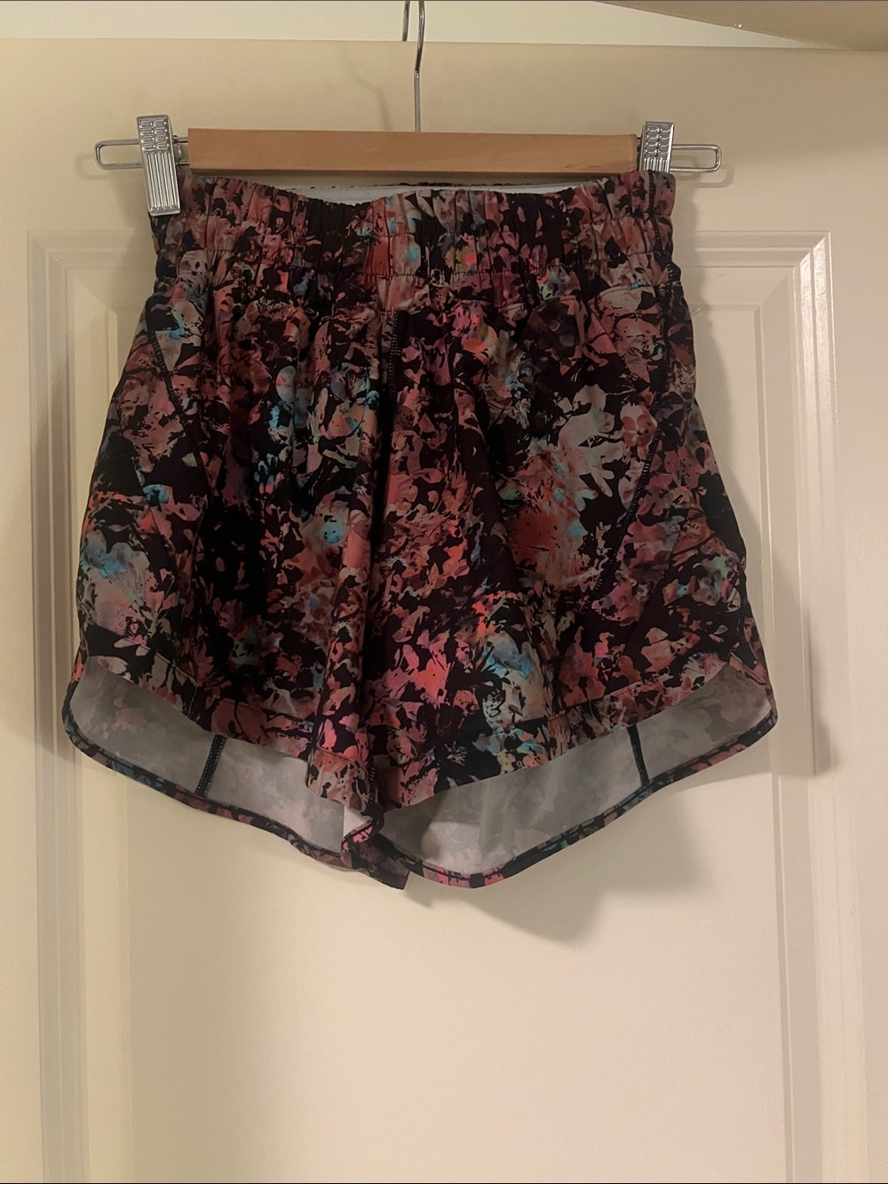 lululemon athletica Black Floral Athletic Shorts with Pink & Blue Accents